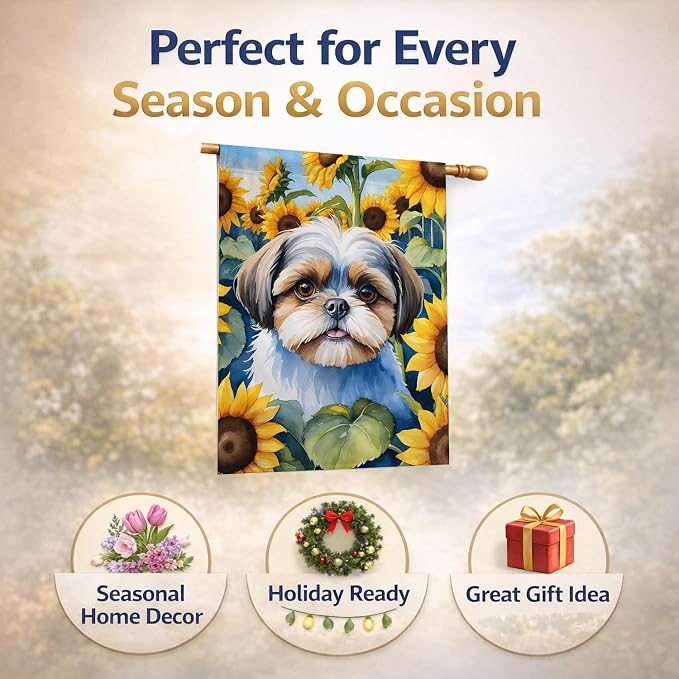 Caroline's Treasures DAC6162CHF Shih Tzu in Sunflowers House Flag Large Porch Sleeve Pole Decorative Outside Yard Banner Artwork Wall Hanging, Polyester, House Size, Multicolor