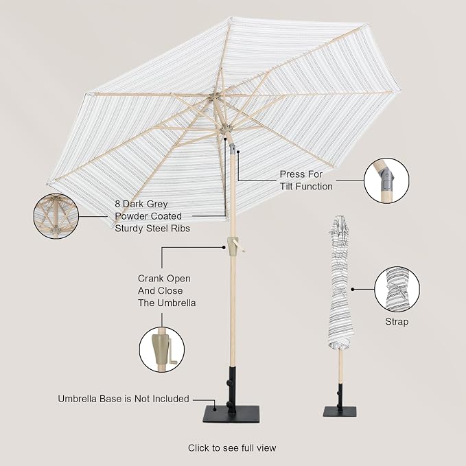 Tempera Striped Patio Umbrellas Outdoor Table Market Umbrellas with Crank & Pust Button Tilt|Auto-Tilt, 8 Steel Ribs, High Color-Fastness Canopy