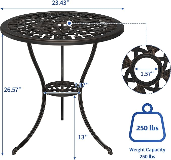 IDEALHOUSE Patio 23''Cast Aluminum Side Table with Umbrella Hole,Outdoor Small Coffee Tables,Anti-Rust Bistro Table,Round End Table,Outdoor Furniture for Indoor,Patio,Garden,Porch,Balcony(Bronze)