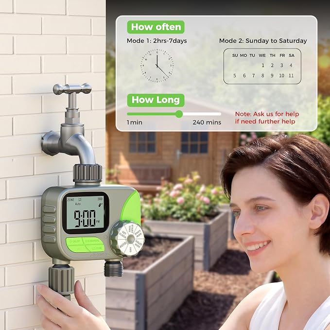 Sprinkler Timer- Hose Timer for Garden Hose, Programmable Watering Timer with Rain Delay, Outdoor Automatic & Manual Drip Irrigation Controller System for Lawn Yard Greenhouse, 2 Outlets
