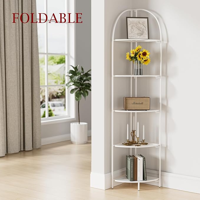 Crofy Foldable 5 Tier Corner Shelf, Metal Corner Plant Stand with White Frame and White Shelves, Corner Display Rack Multipurpose Shelving Unit for Living Room, Bedroom, Bathroom