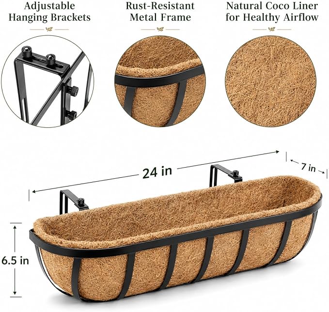 Y&M Railing Planter Boxes 24 Inch 2 Pack, 2-in-1 Adjustable Hanging Balcony Planters with Coco Liners, Heavy Duty Window Box Planters with Support Rods for Outdoor Garden