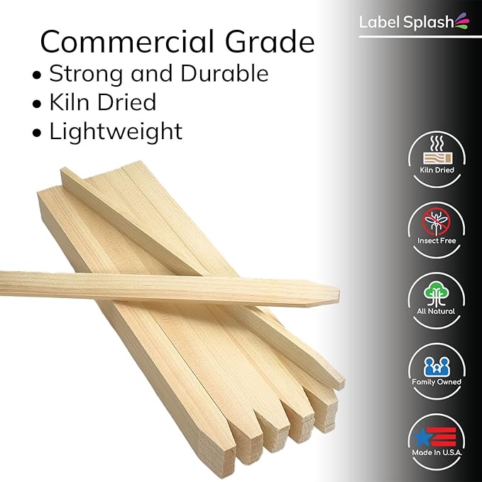 50 Pack Wooden Garden Stakes, 12" Long x 3/4" Wide, Made in USA Pine Plant Markers, Chisel Point Yard Stakes for Gardening, Row Labels, Signs & Crafts