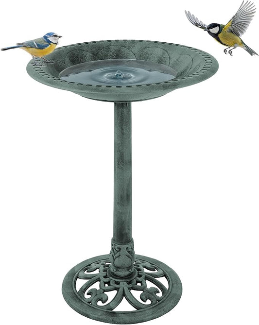 Pure Garden 50-LG1072 Antique Bird Bath-Weather Resistant Resin Birdbath with Vintage Scroll Design, 3 Ground Stakes for Garden,Outdoor Decor (Patina Green)