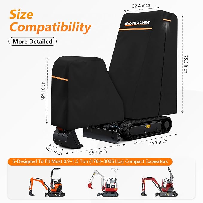 Heavy Duty Mini Excavator Cover, 6-Layer 600D Oxford Fabric with Inner Cotton Split Design for Better Fit, Waterproof All-Weather Machine Protection for 1 Ton Mini Excavator 0.9-1.5Ton