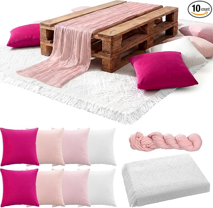 Moukeren 10 Pcs 71''x102'' Extra Large White Outdoor Boho Picnic Blanket with Table Runner and 8 Throw Pillow Covers Oversized Washable Portable Beach Blanket for Picnic Camp Lawn Wedding