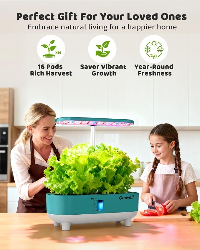 Growell 16 Pods Hydroponics Growing System Kit with 3 Light Modes & 2 Timer | Smart Water Circulation, LED Grow Light, 8L Large Water Tank, Coutertop, Indoor Herb Garden, Perfect Gardening Gifts, Green