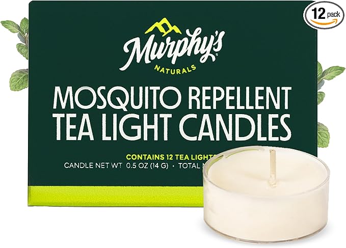 Murphy's Naturals Citronella Mosquito Repellent Tea Light Candles, 12-Pack | Soy & beeswax blend with rosemary, peppermint, citronella & lemongrass oils; 0.5 oz candles, 4-hour burn for patio & outdoors