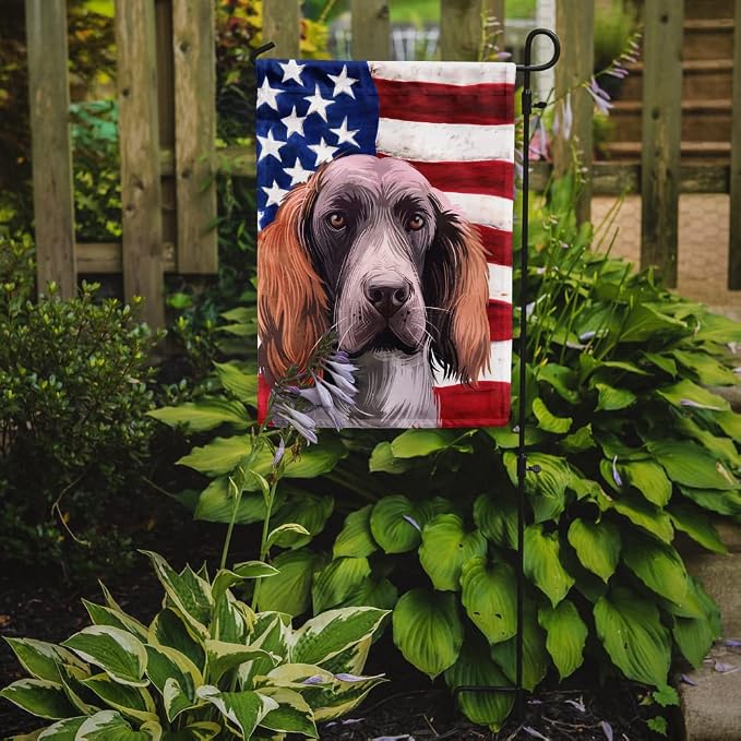 Caroline's Treasures CK6537GF German Spaniel Dog American Flag Garden Flag Mailbox Flag Decorative Yard Flag Banner Outside Patio Artwork Yard Flower Beds, Garden Size, Multicolor