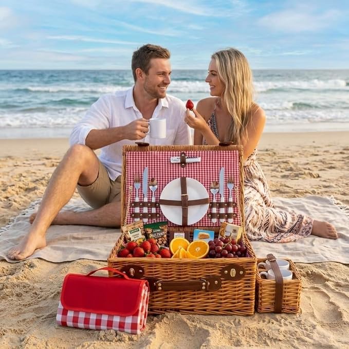 Multifunctional Wicker Picnic Basket Set for 2 Adults with Picnic Table and Blankets,Large Insulated Picnic Set with Wine Pouch and Full Tablewares for Camping Outdoor Couples Beach Wedding,Pink