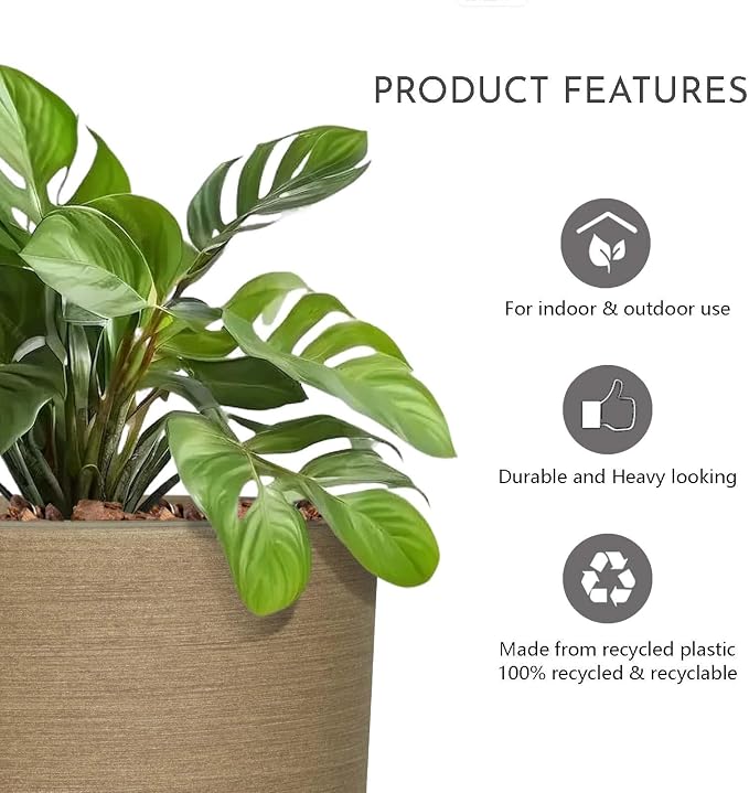 11 Inch Faux Wood Planter, Sandy Brushed Plastic Plant Pot with Drain Hole & Stopper, Lightweight Rustic Flower Pot for Indoor Outdoor, UV & Frost Resistant, Natural Wood Look