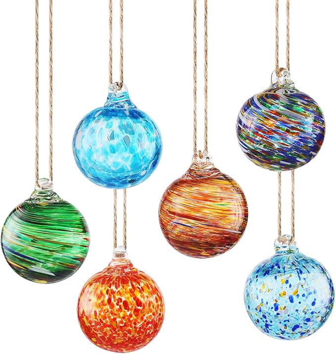 VOREEN 6-Pack Blown Glass Christmas Ornaments, 2.56" Handblown Hanging Glass Gazing Balls for Christmas Tree Decoration, Holiday Ornament Gift Set（Warm Amber & Holiday Tones）