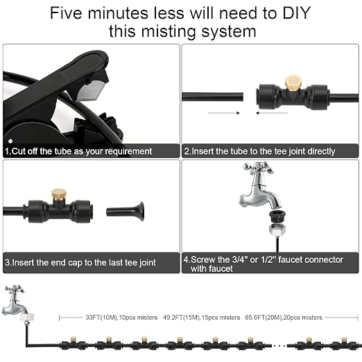 GMAULEE Misting Cooling System, DIY 65.6FT(20M) Misting Line +20 Brass Mist Nozzles+ a Brass Connector(3/4'') Outdoor Mister System for Patio Waterpark Garden Trampoline Greenhouse