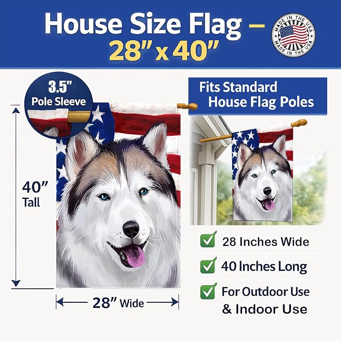 Caroline's Treasures CK6389CHF Alaskan Husky American Flag House Flag Large Porch Sleeve Pole Decorative Outside Yard Banner Artwork Wall Hanging, Polyester, House Size, Multicolor