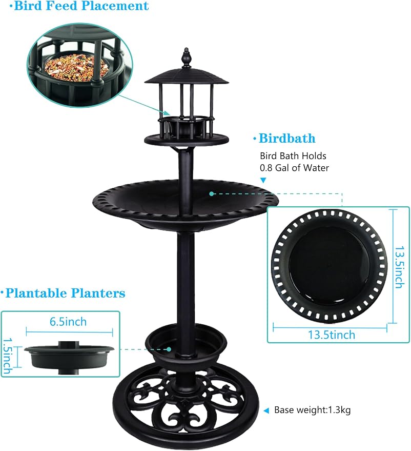 Black Bird Baths for Outdoors Plastic Bird Feeder with Flower Planter for Garden Yard Patio Balcony and Lawn Decor 27.5" | 2-in-1 Bird Bath & Feeder, Weatherproof, Ground Stakes Included, Tool-Free Assembly, Patio Lawn Decor, Gift for Garden Lovers