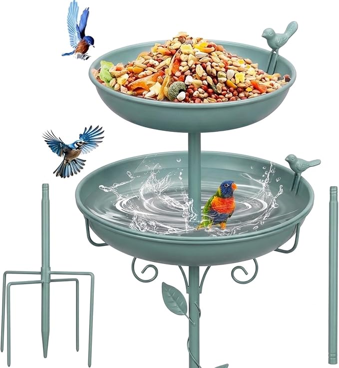 Bird Bath for Outside Green 2-in-1 Freestanding Garden Birdbath | Metal bird bath with floral scroll 5-Pronged Base Deep large bowl for birds drinking & bathing Yard patio landscape decor