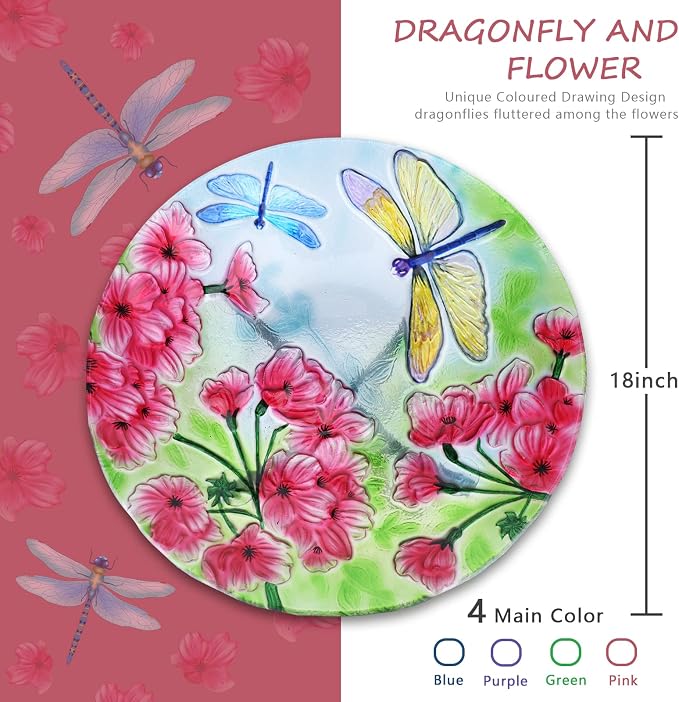 MUMTOP Bird Bath-Bird Baths for Outdoors - Dragonfly Large Bird Bath Bowl with Metal Stand, Glass BirdBaths for Garden Lawn Yard Decor