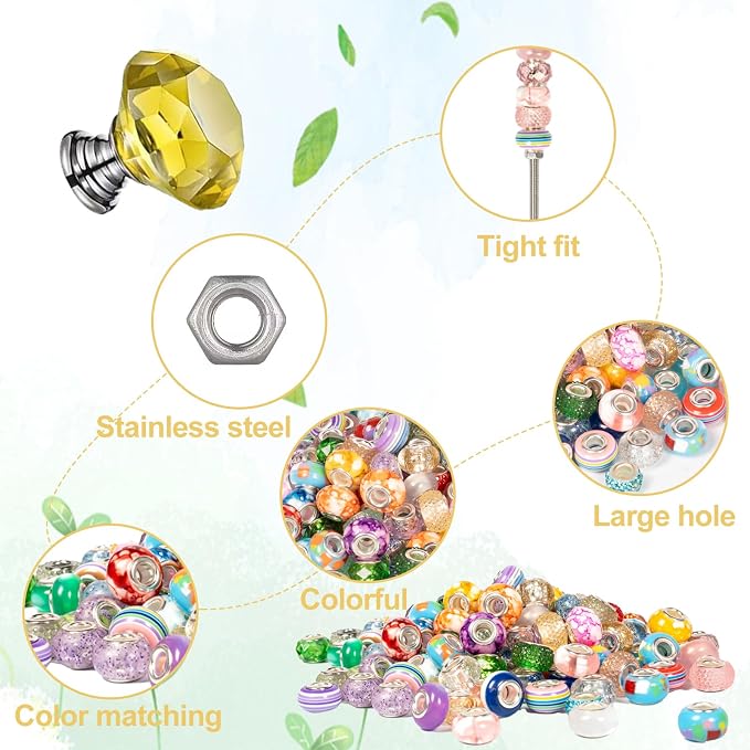230pcs Beaded Garden Stakes Kit Fairy Garden Stakes Includes 10 Colorful Crystal Top 200 Round Colorful Bead 10 Stainless Steel Threaded Rods and Nuts for Outdoor Decoration(Diamond Style)