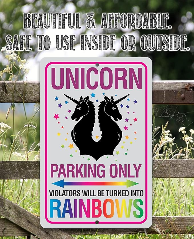 Unicorn Parking Only Metal Sign - Great for Nursery Decor, Girl's Room Display and Birthday Decoration, Teens and Baby Room Gift Ideas, 8x12 Use Indoors or Outdoors Durable Metal Sign