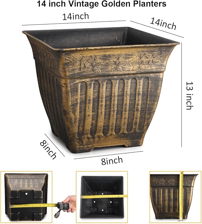 14 Inch Vintage Square Planter - 4 Pack Heavy Duty Antique Gold Plastic Flower Pot with Drainage & Raised Base, Retro 7 Gal Plant Container for Outdoor Patio, Porch, Indoor (13" Tall)