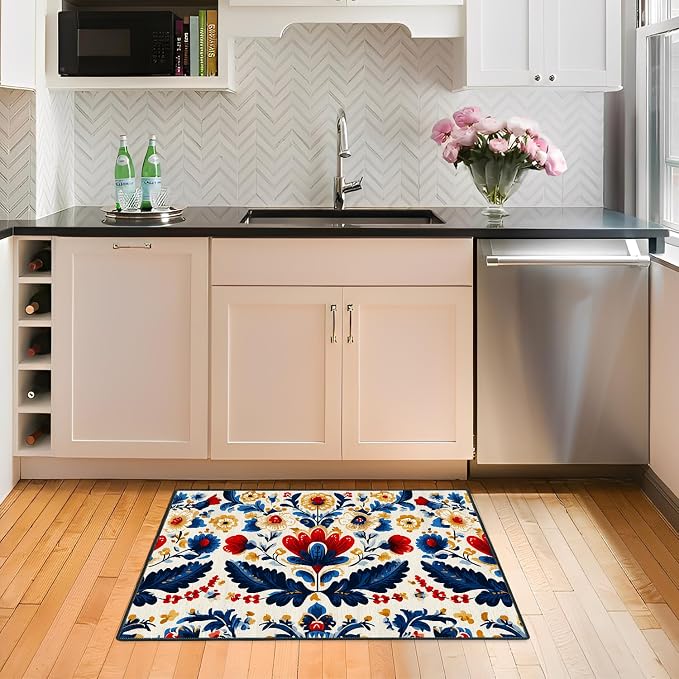 Red and Blue Floral 2x3 Entryway Rug,Non-Slip Washable Door Mat for Kitchen,Bathroom Front Door - Rubber Backing Stain Fade Resistant - Traditional Cottage Style Home Decor