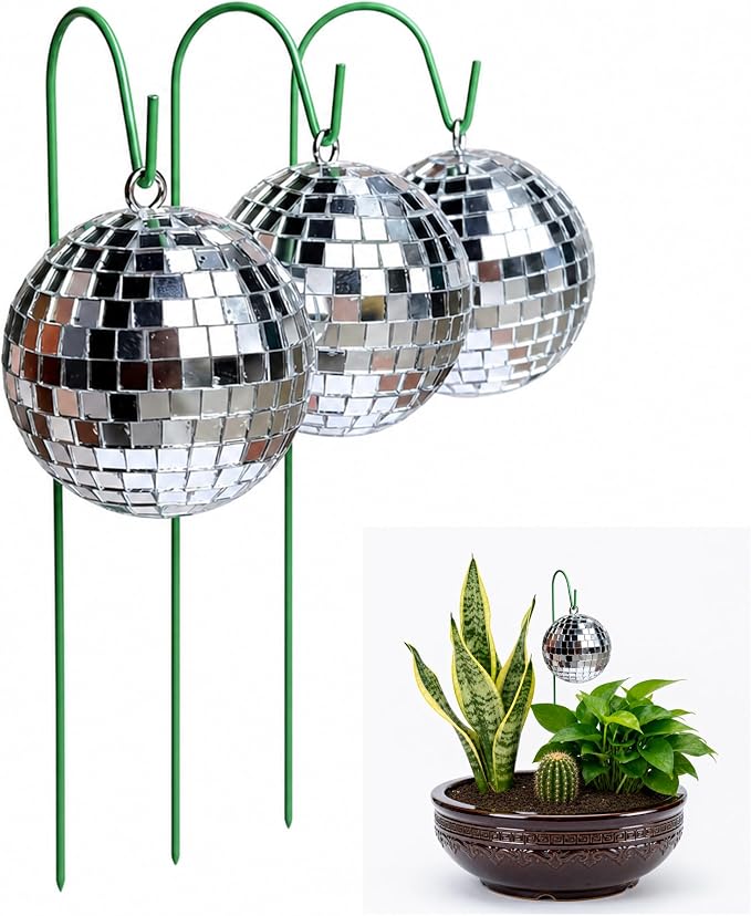 3 Pack Disco Ball Garden Stakes, Silver Mirror Ball Outdoor Plant Decor, Reflective Hanging Globe Stake Ornaments for Flower Pots Patio Lawn Yard Pathway Garden Decorations (M*3pcs)
