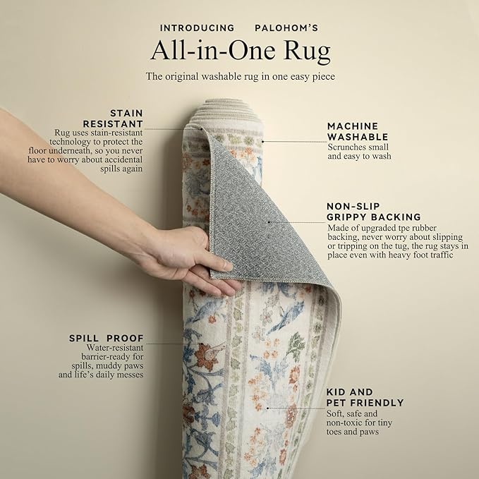Washable Area Rugs for Living Room: 5x7 Bedroom Rug Vintage Area Rug Stain Resistant Non Slip Low Pile Lightweight Soft Carpets for Dining Room Kitchen Nursery Kids Room Farmhouse Indoor