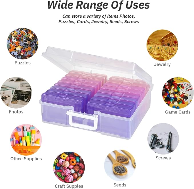4"x6" Photo Storage Box with Handle Photo Case Craft Keeper Picture Storage Containers 16 Inner Photo Organizer Large Gradient Pink-Purple Series