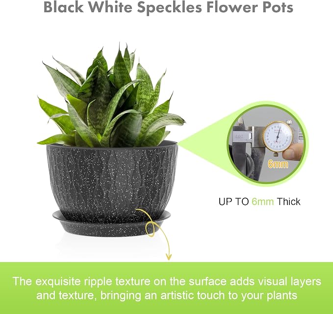 Meowell 12/10/9 inch Large Flower Pots, 3 Set Big Plant Pots for Outdoor Indoor Plants with Water Ripples, Wide Plastic Planters with Drainage Holes and Saucers for Garden House Plants, Speckled Black