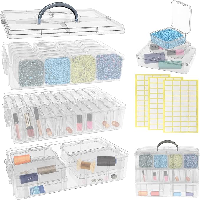 Guyuyii 58 PC Bead Storage Containers with Label Stickers & Portable Handle | for Craft Supplies, Jewelry Making, Diamond Painting | Stackable 3-Tier Case, Compatible with Seed Beads, Earrings, Sewing