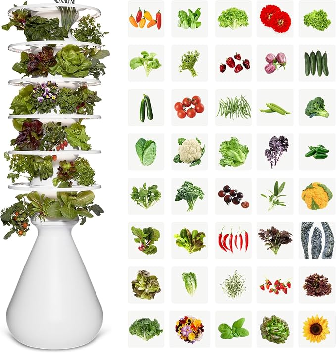 Lettuce Grow Farmstand Large Hydroponic Tower Planters, 6 Ft 7 in Vertical Planter Herb Garden Planter Hydroponics Growing System with Glow Rings Plus 36 Seedling Credits