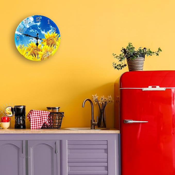 Britimes Round Wall Clock Silent Non-Ticking Battery Operated Glass Outdoor Waterproof Clock 12 Inch, Sunflower Summer Home Decor for Living Room, Kitchen, Bathroom, Bedroom, and Office