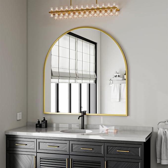 Wide Arched Wall Mirror, 38 x 40 inch Arch Bathroom Mirror Gold | Wall Mounted Bathroom Vanity Mirror with Arch Metal Frame, Modern Room Decor for Bedroom, Entryway, Hanging or Leaning