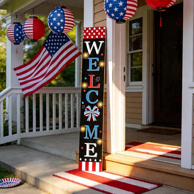 4th of July Welcome Sign with LED Lights, 47" Patriotic Wooden Door Porch Standing Decor Signs, Independence Day 250th Front Door Porch Decor, Memorial Day Home Yard Party Wall Hanging Decoration