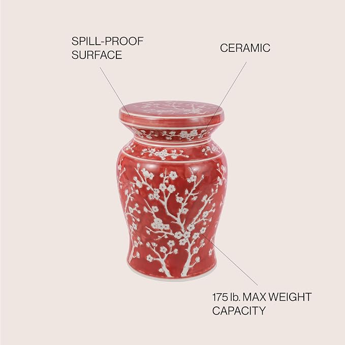JONATHAN Y Cherry Blossom Ceramic Garden Stool 17.75" Chinoiserie Floral Drum Side Table for Patio and Living Room, Indoor Outdoor Plant Stand, Traditional, Red/White TBL1017B