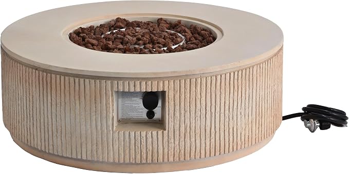 Merax 38.19'' MGO Propane Outdoor Fire Pit with Vertical Stripe Design, 50000 BTU Round Fire Pit Table with Steel Burner, Adjustable Flame Control, Lava Rocks & Rain Cover for Patio&Backyard, Brown