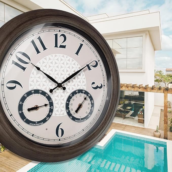 Presentime & Co. 18 Inch Illuminated Outdoor Clock, Waterproof Lighted Large Wall Clock with Thermometer & Hygrometer, Elegant & Vintage Home Decor for Garden, Patio, Pool, Grey Oak Finish