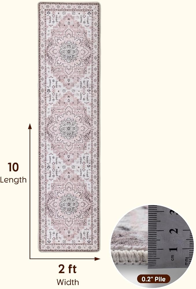 LBRO2M Machine Washable Rug Soft Pet Friendly Carpet 2X10 Pink | Persian Runner Rug 2X10 for HallWay, Bedroom, Kitchen, Laundry Room, Non Slip Carpet, Foldable Stain Resistant Rugs