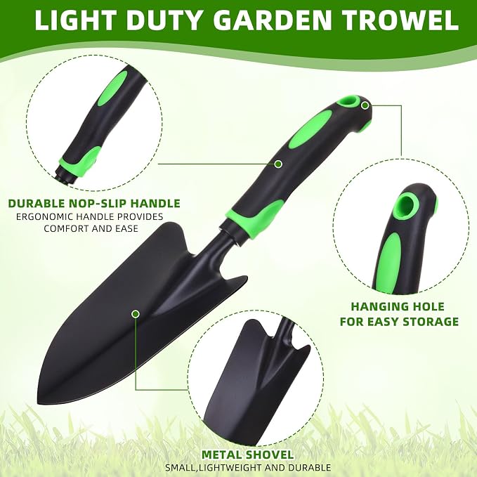 Yaocom 24 Pcs Garden Shovel Aluminum Alloy Heavy Duty Trowel Garden Tool Small Shovels for Digging Metal Hand Trowel Spade with Soft TPR Handle for Lawn Yard Farm Home Shop Planting (Green Black)