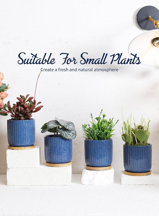 4 Inch Cylinder Ceramic Plant Pots, Blue, Set of 4 | Drainage Holes & Saucers, Glazed, Small Boho Planters, With Trays, For Indoor Flower, Snake Plants, Succulent, Cactus
