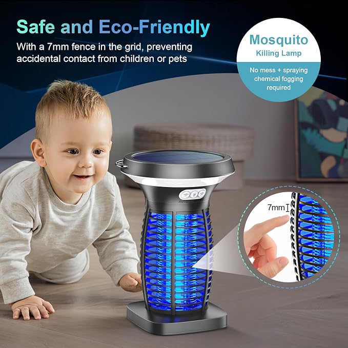 PhatroyYee Solar Bug Zapper Outdoor, 3-in-1 Mosquito Zapper Outdoor Solar Powered, Cordless Electric Bug Zapper Indoor with Night Light, Waterproof Fly Zapper for Patio Backyard Home Kitchen Camping