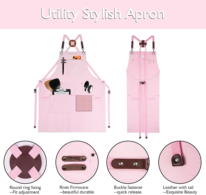 10 Pack Kitchen Apron, Work Apron, Canvas Apron, Pink | Multiple Pockets, Gardening, Painting, BBQ, Artist, Carpenter, Sizes M to XXL