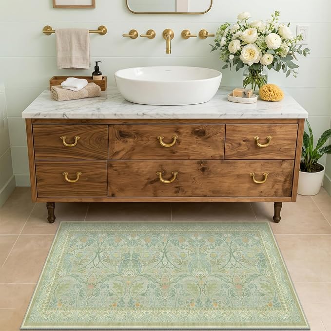 2x4 Small Green Kitchen Rugs Non Slip, Floral & Botanical Shabby Chic Washable Low Pile Area Rug for Bedroom, Bathroom, Mudroom, Powder Room
