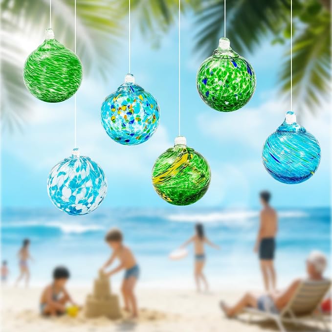JarThenaAMCS 6Pcs Hand Blown Glass Ball Ornaments 2.4 Inch Summer Beach Gazing Ball Blue Green Hanging Friendship Witch Balls for Hawaii Home Party Garden Wall Window Decor
