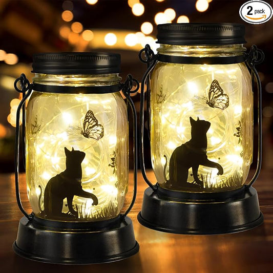 kyoryuger Cat Solar Lanterns 2PACK Cat Lover Gifts for Women Mom Grandma Christmas Cat Gifts for Cat Lovers Cat Memory Lantern with Stake for Yard Lawn Patio Garden Decor and Bedroom Decoration