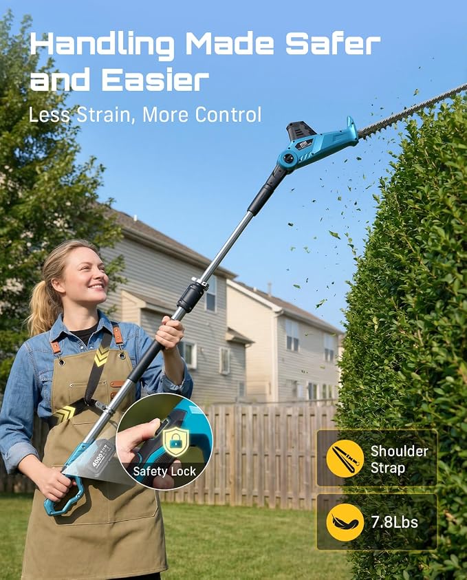 SEESII Cordless Pole Hedge Trimmer: Electric Bush Trimmer with 20" Dual-Action Blade, 2×4000mAh Battery, 8FT Telescopic Pole, Adjustable Rotating Head, Battery Powered Hedge Clipper for Shrub Trimming