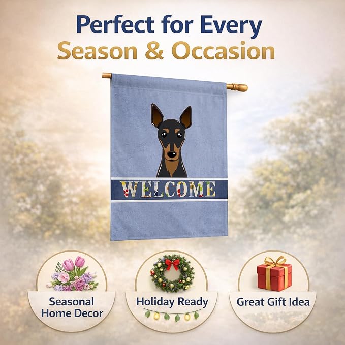 Caroline's Treasures BB1426CHF Min Pin Welcome House Flag, Blue Large Porch Sleeve Pole Decorative Outside Yard Banner Artwork Wall Hanging, Polyester, House Size, Multicolor