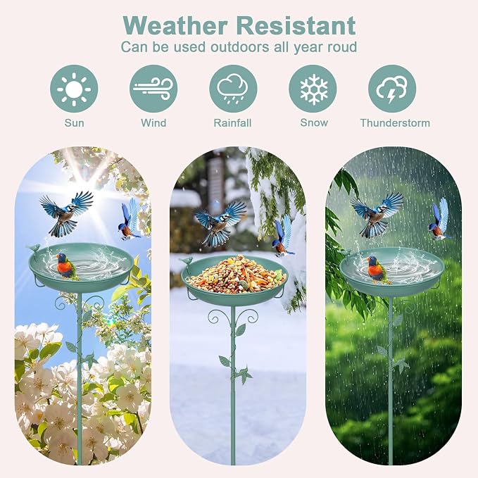 Bird Bath for Outside 38.5 Inch Green Freestanding Garden Birdbath | Metal bird bath with floral scroll 5-Pronged Base Deep large bowl for birds drinking & bathing Yard patio landscape decor