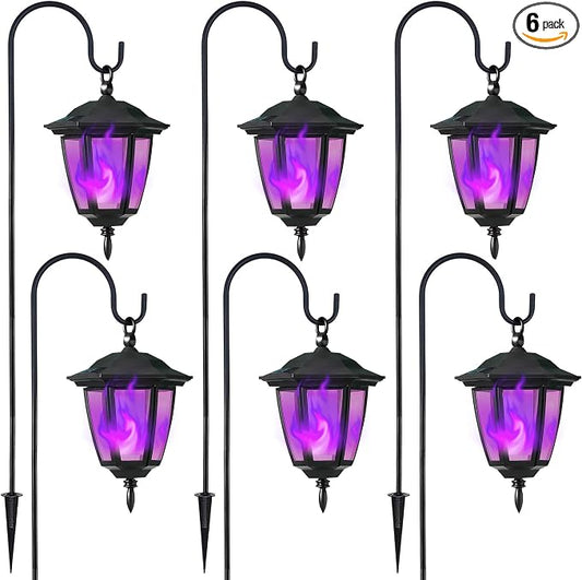 Dynaming 6 Pack Solar Halloween Flame Hanging Lights Outdoor, Flickering Flame LED Garden Lanterns with 4x38 Inch Shepherd Hooks, Landscape Lighting Waterproof for Lawn Yard Pathway Driveway, Purple