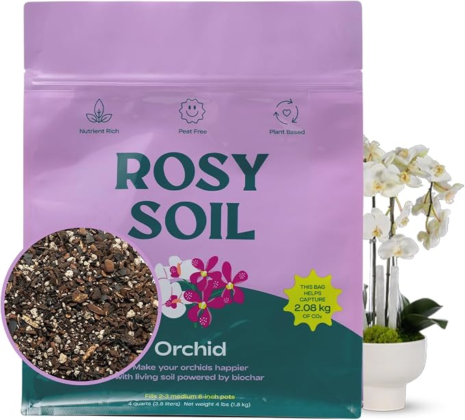 Rosy Soil Orchid Potting Mix, 4 Quarts | Peat-Free Orchid Soil for Repotting, Phalaenopsis, Cattleya, Dendrobium, Biochar & Mycorrhizae Blend for Indoor Gardening